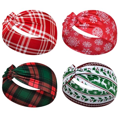 4Pcs Christmas Headbands for Women - Snowflake Santa Snowman Xmas Tree Holiday Hair Bands, Festive Gift Hair Accessories (Plaid)