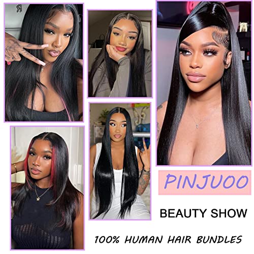 Straight Bundles with Closure (18 20 22+16 Inch) 100% Unprocessed Brazilian Remy Hair Weave 3 Bundles with 4x4 HD Lace Closure Free Part Natural Black Color Hair Extensions for Women