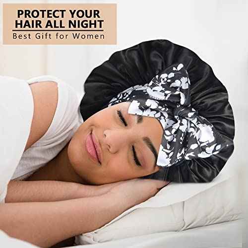 2pcs Large Silky Bonnets with tie Band Braid Bonnet, Satin Bonnet for Sleeping Curly Hair, F