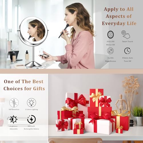 9in Makeup Mirror with Lights, 3x/20x 5000mAh Rechargeable Lighted Makeup Mirror with Magnification, 360¡Æ Rotate Magnifying Mirror,3 Color,Dimmable up,3800lux,80 LEDs,No Height Adjustment,Silvery