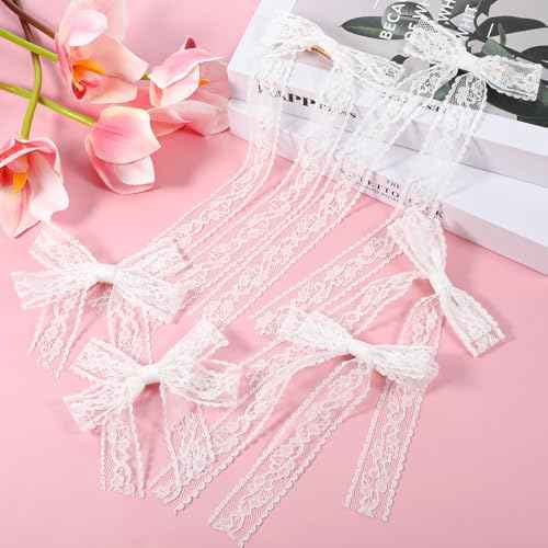 6 PCS White Lace Hair Bows with Long Tail Ribbons Metal Hair Clip with Long Tail Ribbon Bow Barrettes Alligator Hairpins Bride Wedding Gift Birthday for Women