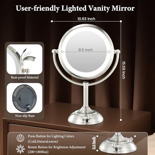 Professional 8.5" Large Lighted Makeup Mirror with Brighter Lights, 1X/10X True HD Magnifying Mirror with 3 Color Dimmable Lights, 90 Shadowless LEDs, 360¡ÆSwivel Seamless Vanity Mirror, Pearl Nickel