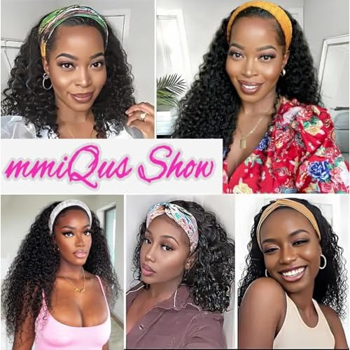 Long Headband Wig Human Hair Water Wave Human Hair Wigs for Black Women Curly Half Wig None Lace Front Wigs 180% Density Brazilian Virgin Hair Wig Natural Black Color 26 Inch