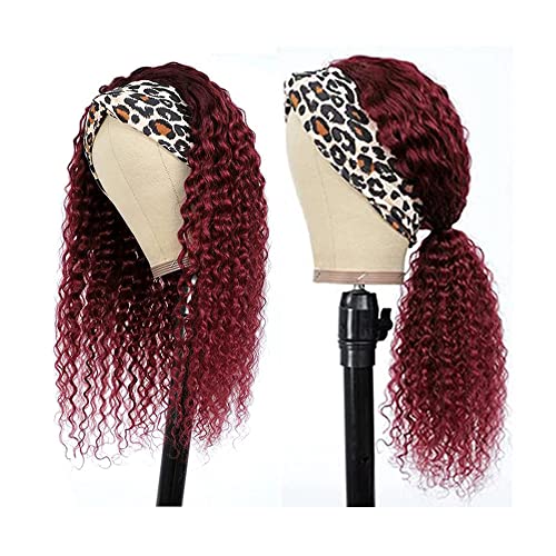 Ombre 1B99J Deep Wave Headband Wig Burgundy Human Hair Headband Wig 130% Density Grade 8A Brazilian Remy Hair Machine Made Wigs Wine Red Color 22 Inch