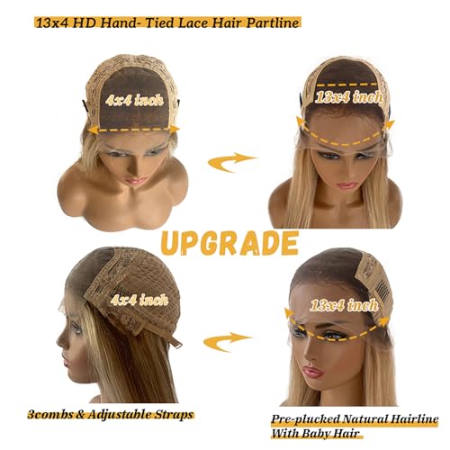 Smavida Highlight Blonde Lace Front Wigs Human Hair Ombre 13x4 Transparent Honey Blonde Glueless Lace Frontal Wig 100% Brazilian Remy Human Hair for White Women 16" (Can Be Curled)