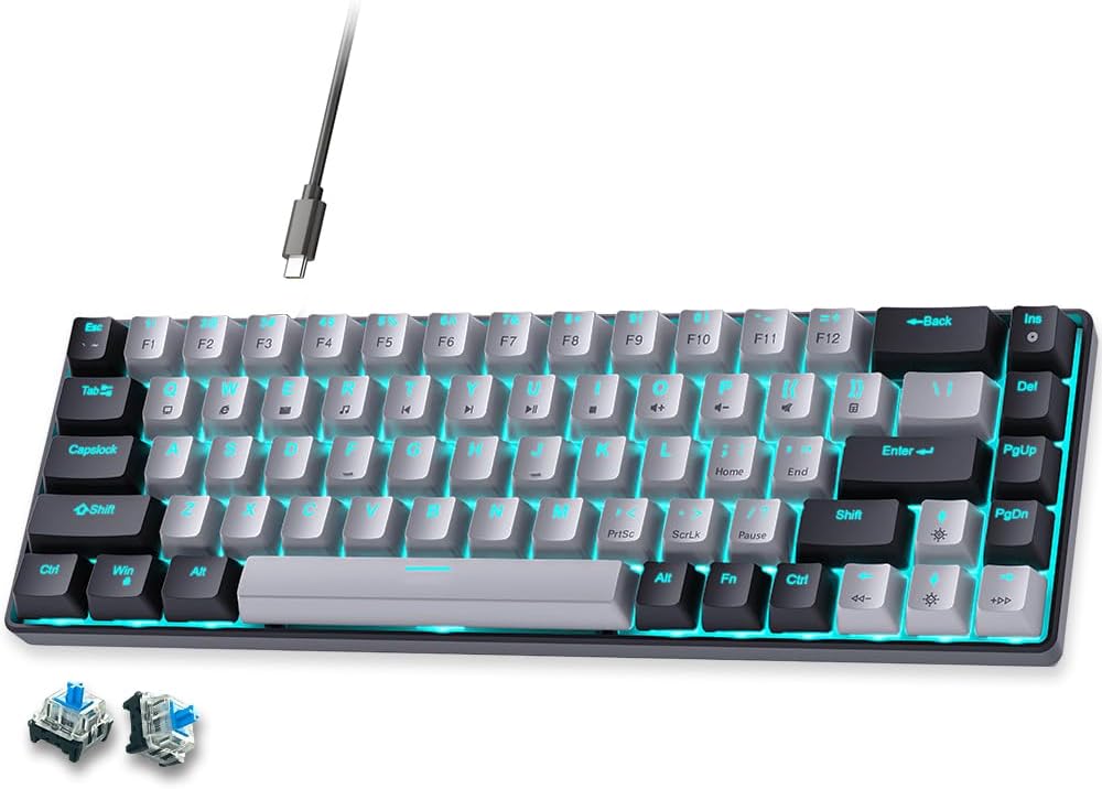 abucow 60% Mechanical Gaming Keyboard,Blue Switch Wired Compact Keyboard with Blue Backlight, Swappable Black Gray Keycaps, for Windows/Mac
