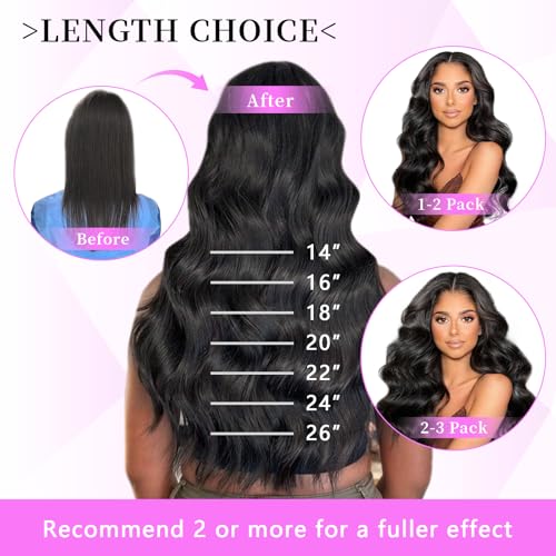20 inch Seamless Body Wave Clip in Extensions Real Human Hair Extensions Clip Ins 110g 7pcs Thick Invisible Clip in Hair Extensions #1B Natural Black
