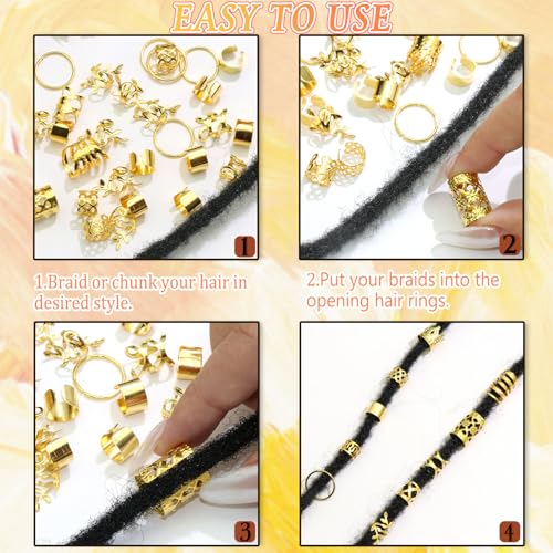 220PCS Gold Hair Jewelry Dreadlock Cuffs Braids Clips Metal Hair Cuff Rings Loc Charms Hair Beads Decorations Accessories for Women