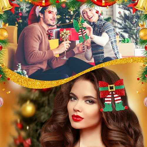 4 Pack Christmas Hair Clips Glitter Sequins Red Bow Hair Clips Glitter Bow Party Cute Decoration Deer Antler Elf Headdress Christmas Decor for Women Gifts