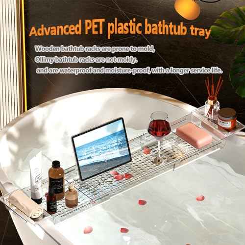 Bathtub Caddy Tray, Adjustable Bath Tray for Tub, Bath Accessories, Tub Caddy for Bathroom Luxury Spa, Expandable Size Bath Tub Organizer with Anti-Slip mat, Fits Most Tubs