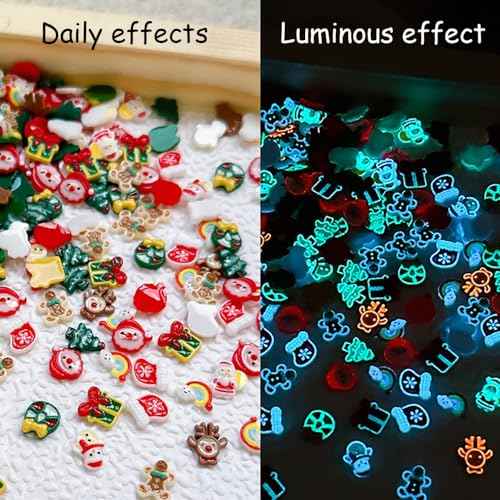 40pcs Luminous Christmas Nail Charms Glow in The Dark Christmas Nail Art Charms Santa Claus Elk Xmas Tree Snowman Nail Charm Christmas Charms for Nails Resin Nail Accessories Nail Jewels for Nail Art