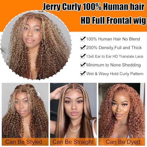 200 Density 13x6 Deep Wave HD Transparent Honey Blonde Ombre Lace Front Wigs 100% Human Hair Pre Plucked 4/27 Highlight Jerry Curly Wet And Wavy Human Hair Wigs For Black Women With Baby Hair 26 inch