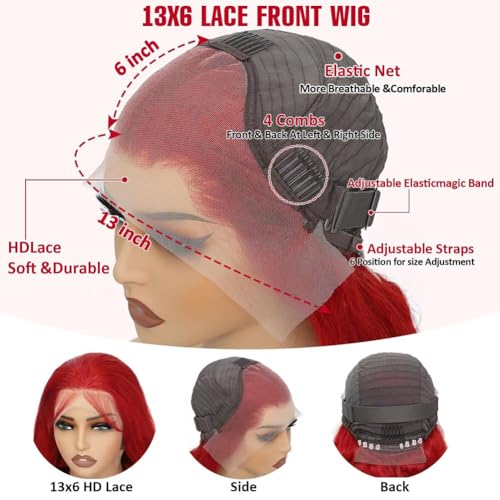 Ice Pear 26 Inch Red Hair Wig Pre Plucked 13x6 Body Wave Wigs Human Hair, 200% Density 13x6 Colored Wigs for Women,Red Glueless Wig Bleached Knots with Baby Hair