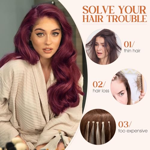 S-noilite Halo Hair Extensions Real Human Hair,Invisible Wire Hair Extensions with Adjustable Fish Line Halo Extensions for Women 16Inch 80G(Wine Red)