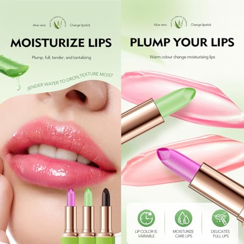 3Pcs Magic Temperature Color Changing Aloe Vera Lipstick Set,Moisturizing Lip Balm,Waterproof Long Lasting Nourishing Lipstick for Women Lip Care Makeup