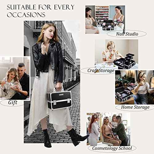 FRENESSA Makeup Train Case Makeup Case 11.8 Inch Large Cosmetic Box Organizer Travel Storage Professional Make Up Train Carrying Case with 6 Trays Locking Hard Vanity Storage Black