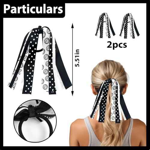 2PCS Volleyball Ponytail Holders for Women White Black Glitter Hair Ribbons Streamer Volleyball Elastic Hair Ties Band Scrunchies Game Day Party Decor Back School Gift for Cheerleader Fans