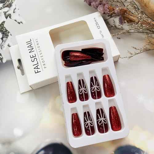Christmas Press on Nails Long Coffin Fake Nails Wine Red Press on False Nails with White Gift Banderole Tips Designs Red Glitter Cute Acrylic Nails Full Cover Holiday Glue on Nails for Women and Girls