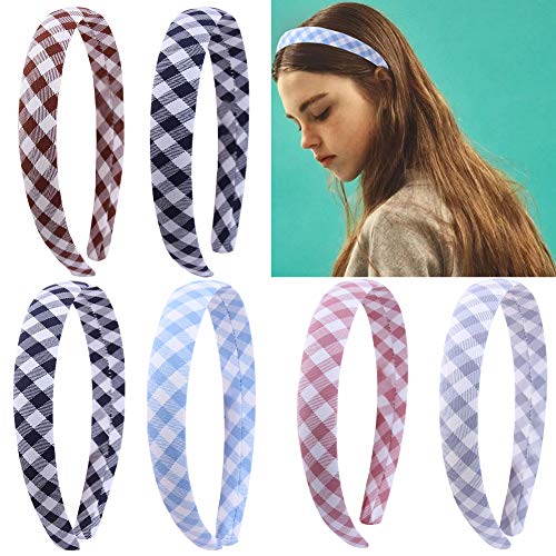 6 Pcs 0.8 inch Plaid Headband For Women Printed Stripe Hair Bands for Girls Fabric Ribbon Hard Head Piece Satin Wrapped Hairband
