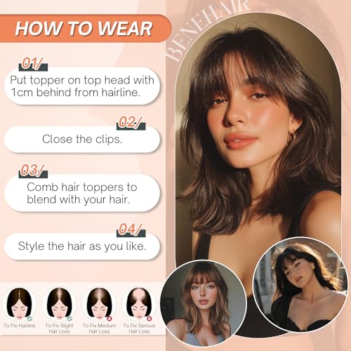 Benehair Hair Toppers for Women Real Human Hair 360¡Æ3D Clip in Bangs Toppers with Bang for Thinning 150% Density Hairpieces Lace Base Long Coverage Wiglet for Daily Use #02 Dark Brown 8Inch