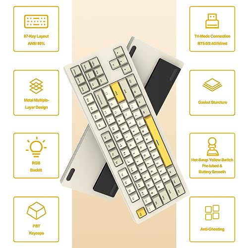 AKC087 Wireless Mechanical Keyboard, 87 Keys Compact TKL Gaming Keyboard, BT5.0/2.4G/Wired 75% Keyboard, RGB Hot Swappable Mechanical Keyboard OEM Profile Yellow Switch for Windows Mac Laptop