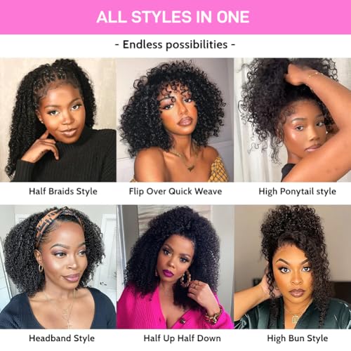 SKYDO Kinky Curly Half Wig Human Hair 250 Density Headband Wig Human Hair 3 in 1 Glueless Wear and Go Drawstring Seamless Flip Over Beginner Friendly Curly Wigs for Women 20inch