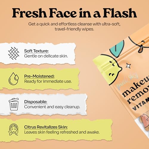 Pink Sky Makeup Remover Wipe for Face - Ultra Soft, Mini Makeup Wipes Individually Wrapped, Travel Makeup Wipe, Gently Cleanse & Remove, 40 Count (40 Wipes, VITAMIN C & CITRUS)