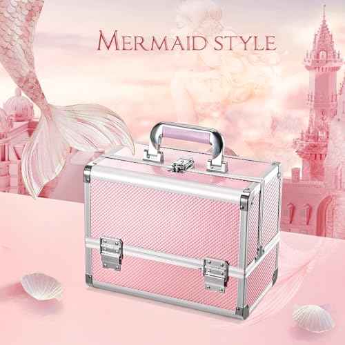 Joligrace Makeup Train Case Cosmetic Box 11.8 Inches Jewelry Organizer Professional 3 Tiers Trays with Mirror and Brush Holder Lockable Key Portable Travel Mermaid Pink