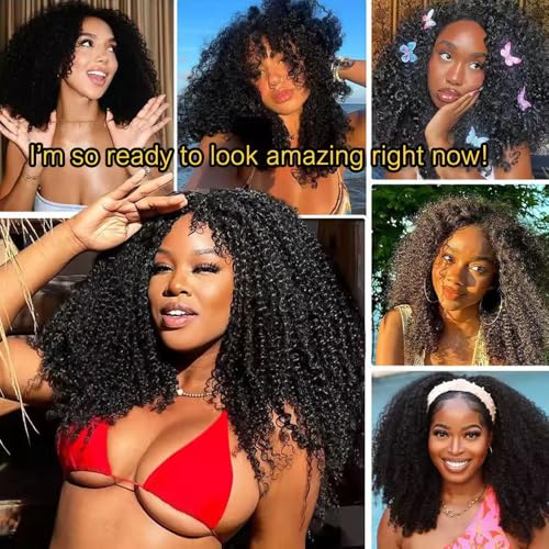 Half Wig Human Hair 200% Density 3 In 1 Seamless Flip Over headband wig human hair Glueless Wear and Go Beginner Friendly Kinky curly human hair wig Drawstring Headband Wig for Women 16inch