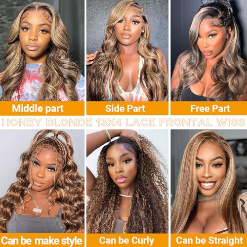 Honey Blonde Lace Front Wig Human Hair 13x4 HD Body Wave Highlight Lace Frontal Wigs Human Hair Pre Plucked With Baby Hair 180% Density Body Wave 4/27 Glueless Human Hair Wigs For Women 26inch