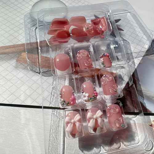 24Pcs French Tip Press on Nails with Pink Camellia Rhinestones Flash Short Square French Nails Press ons Cute Bow Sparkly False Nails Gel Glue on Nails Stick on Nails Flower Nails for Women Girls