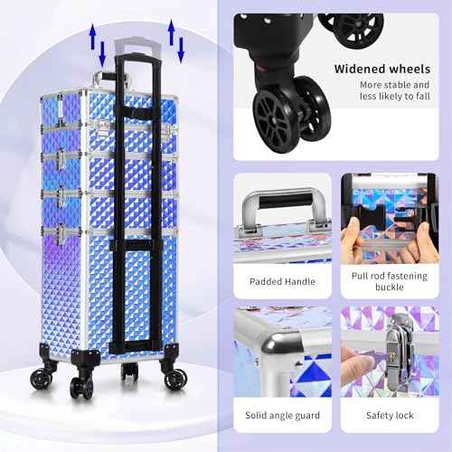 AROUS Rolling Makeup Train Case 4 in 1 Cosmetology Case on Wheels Large Storage Cosmetic Trolley with Key Salon Barber Case Traveling Cart Trunk, Colorful