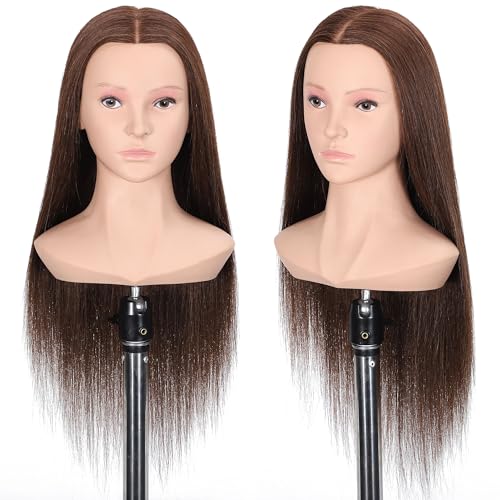 27" Female Mannequin Head with Shoulder 90% Human Hair and 10% Synthetic Hair Practice Hair Braiding Training Head Hair Styling Cosmetology Manikin Head Doll Head for Hairdresser (Brown Color)