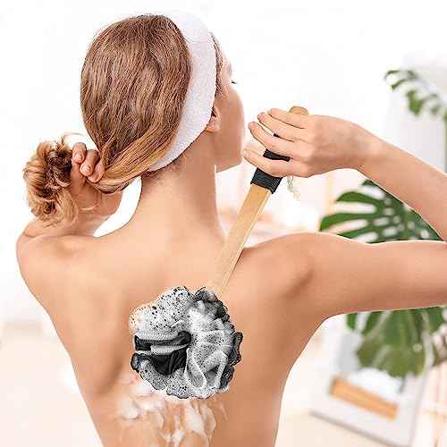 Black Loofah on a Stick PE Soft Mesh Luffa with Non-Slip Wooden Handle Made of Soft and Sturdy Rubber Material Back Scrubber for Shower for Women and Men with String for Easy Hanging