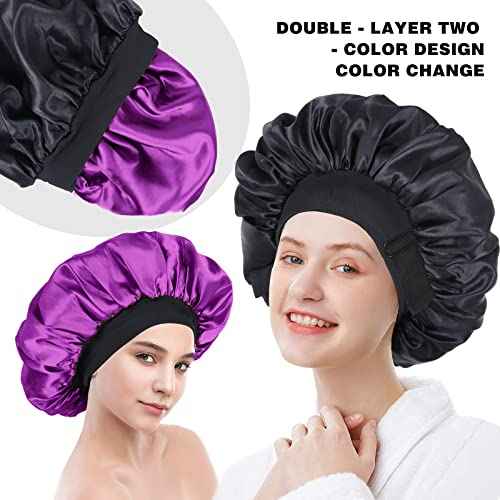 Silk Bonnet for Sleeping Double Layer Satin Bonnet Adjustable Bonnets for Black Women Sleep Cap Reversible Hair Bonnet for Curly Hair (Black and Purple)