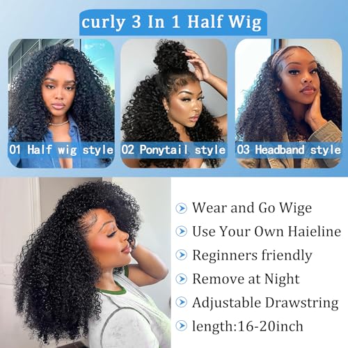 Kinky Curly Half Wig Human Hair 16 inch 200% Density 3 In 1 Glueless Wear Go Half Wigs for Women Drawstring Seamless Flip Headband Wig Beginner Friendly