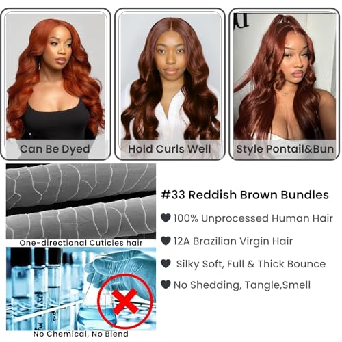 ALHER #33 Reddish Brown Body Wave 13x4 Lace Frontal Human Hair 20 Inch, Copper Brown Auburn Colored HD Transparent Lace Frontal Closure Ear to Ear 100% Virgin Remy Human Hair 150% Density