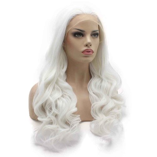 Lushy Long 24inch Wavy White Wig Heat Resistant Heavy Density Realistic Synthetic Lace Front Wig