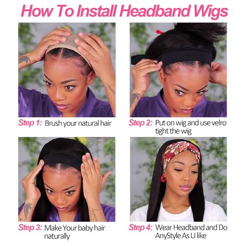 Headband Wig Human Hair 20 Inch Straight Headband Wigs 180% Density Glueless Wigs for Black Women Glueless No Lace Front Human Hair Natural Color Brazilian Virgin Hair