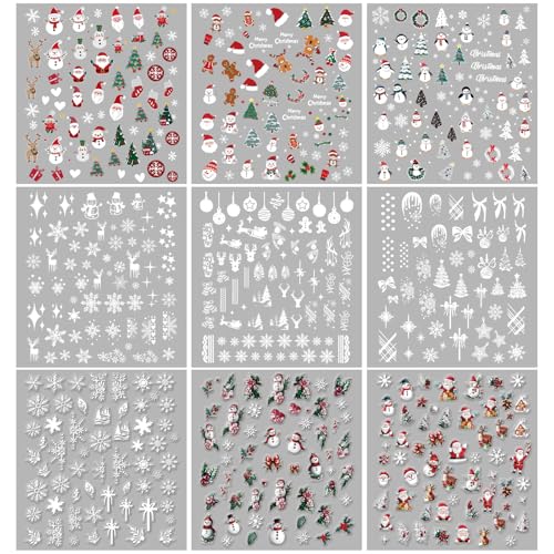 9 Sheets Christmas Nail Stickers for Girls Women and Kids, Nail Art Stickers Snowman Penguin Elk Santa for Nail Art Decoration with Tweezers for Christmas Stocking Stuffers & Gifts