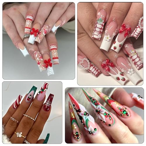 Christmas Nail Charms - 3D Bow Nail Charms, Pearls, Red & Green Nail Rhinestones, Santa, Snowman, White Snowflake, Metal Caviar Beads, with Kit, for Nail Art, Gift