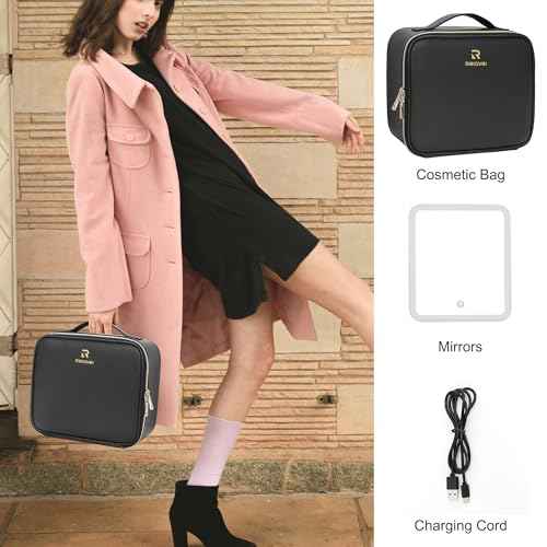 Relavel Travel Makeup Bag With LED Mirror, Cosmetic Train Case with Light up Mirror, Portable Makeup Artist Organizer Bag with Adjustable Dividers, Makeup Brush Holder Storage, Black