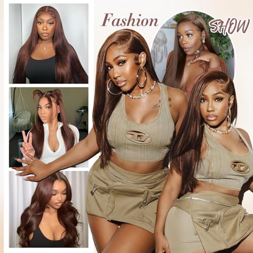Chocolate Brown(#4) Straight Wig Human Hair, 13x6 HD Lace Front Wigs Human Hair, Glueless & Pre Plucked Human Hair Wig with Baby Hair, 180% Density Ash Blonde Wig (20inch)