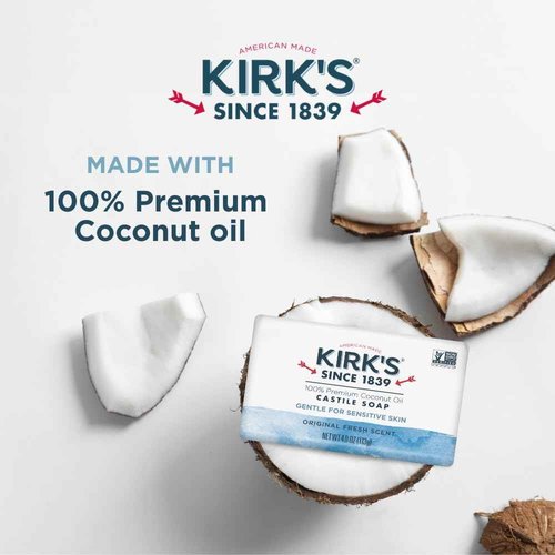 Kirk's Castile Bar Soap for Men, Women & Children - Made with Premium Coconut Oil, Sensitive Skin Formula, Vegan, Non GMO, Original Fresh Scent, 4 oz. Bars, 48 Pack
