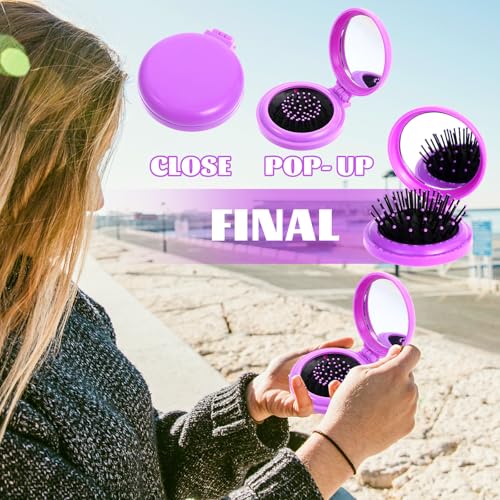 10pcs Folding Hair Brush Mirror Compact Travel Comb Portable Pocket Pop Up Hairbrush with Soft Nylon Bristle Mini Colourful Hair Brush Gift for Women Girls Purse Handbag Christmas