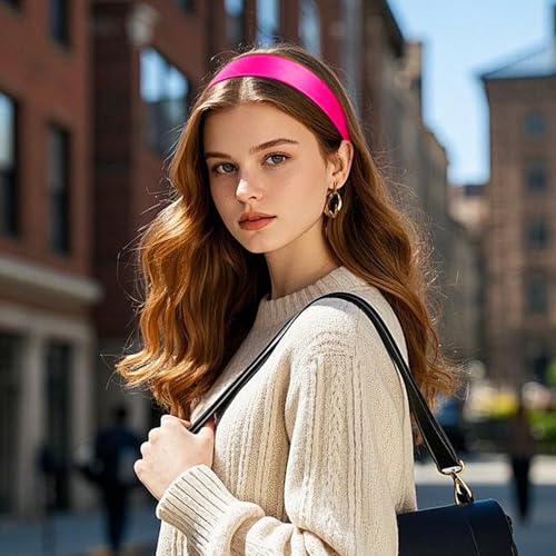 1.6 Inch Wide Silk Satin Headband for Women Girl Teen, Solid Plain DIY Hair Accessories Holiday Gifts (Hot Pink)