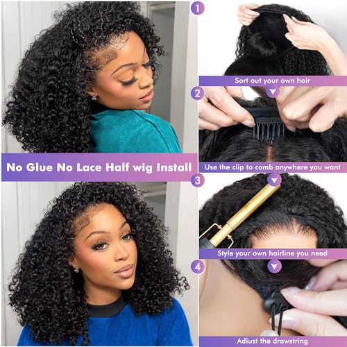 Kinky Curly Half Wig Human Hair 180% Density 3 In 1 Seamless Flip Over Half Wigs Human Hair Glueless Wear and Go Beginner Friendly 18 Inch Drawstring Headband Wig Human Hair for Women Natural Black