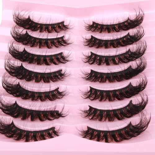 JIMIRE Mink Lashes Wispy Cat Eye Lashes Full 6D Volume False Eyelashes that Look Like Extensions 16MM Thick Soft D-Curly Fake Lashes 7 Pairs Pack