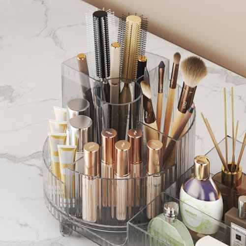 Rotating makeup organizer,Large Capacity Cosmetic Display Case, easy to hold all of your makeup products, at least 20 makeup brushes/eyeliner,10 lipsticks,8 skincare products(Crystal Amber)