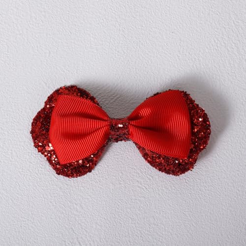 3.5" Glitter Red Ribbon Hair Bow Clips Sparkly Sequins Alligator Barrettes Hairpin Toddler Teen Girls Birthday Wedding Xmas july 4th Dress Outfit Decor Accessory Gift Set of 2